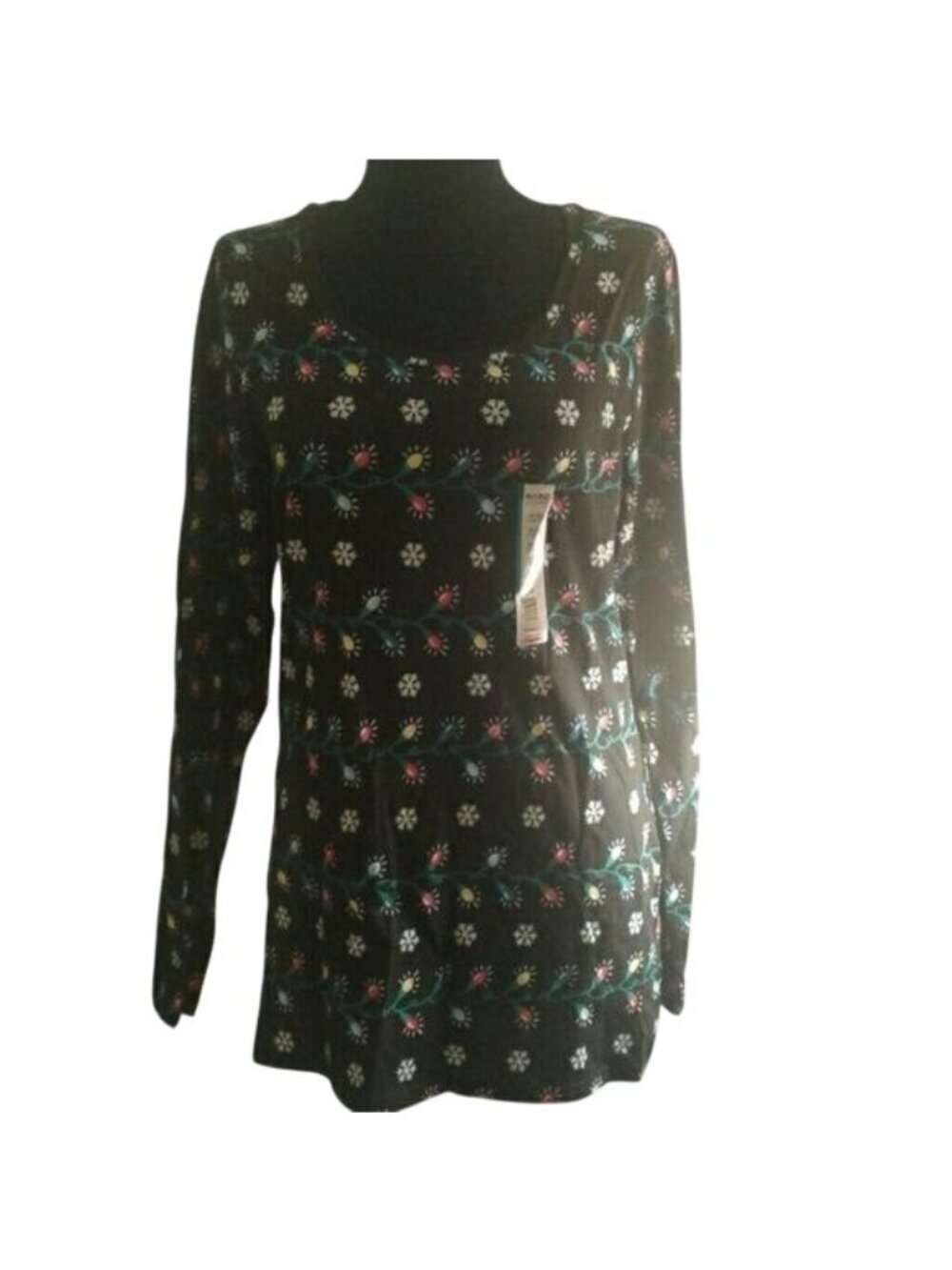 Juniors XL Christmas Lights & Snowflake Long Sleeve Tunic Top Black Multicolor